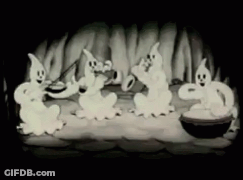 Cartoon Ghosts Dancing In Cave GIF
