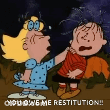 Cartoon Girl And Boy Saying You Owe Me Restitution GIF