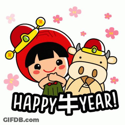 Cartoon Girl And Cow Saying Happy Year GIF