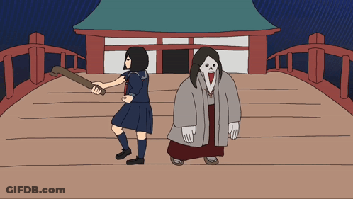 Cartoon Girl And Man In Front Of Temple GIF
