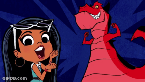 Cartoon Girl And Red Dinosaur GIF