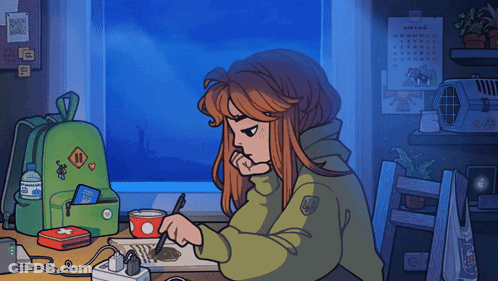 Cartoon Girl At Desk By Window With Wall Calendar GIF