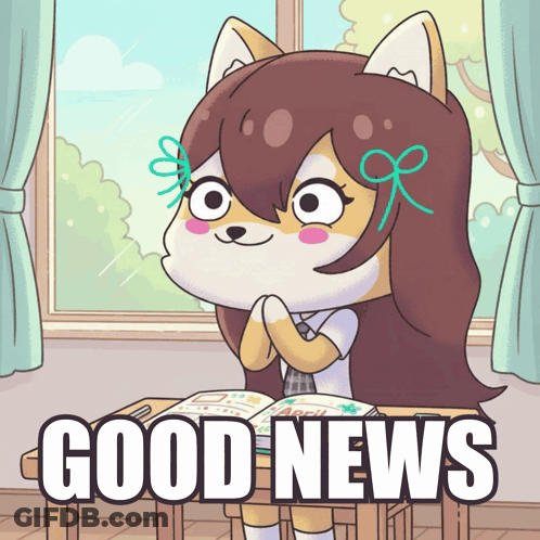Cartoon Girl At Desk Saying Good News GIF