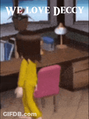 Cartoon Girl At Desk Saying We Love Deccy GIF