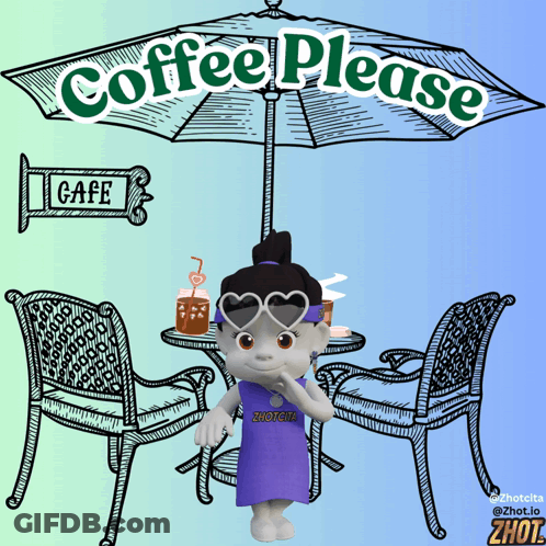 Cartoon Girl At Table Under Umbrella Saying Coffee Please GIF