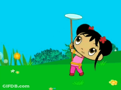 Cartoon Girl Balancing Plate On Stick In Grassy Field GIF
