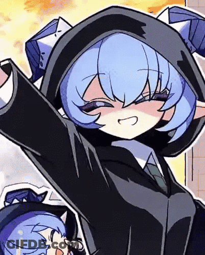 Cartoon Girl Blue Hair Black Suit Tie Hood GIF