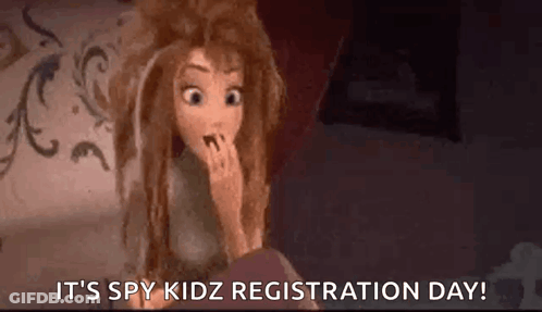 Cartoon Girl Covering Mouth Saying Spy Kidz Registration Day GIF