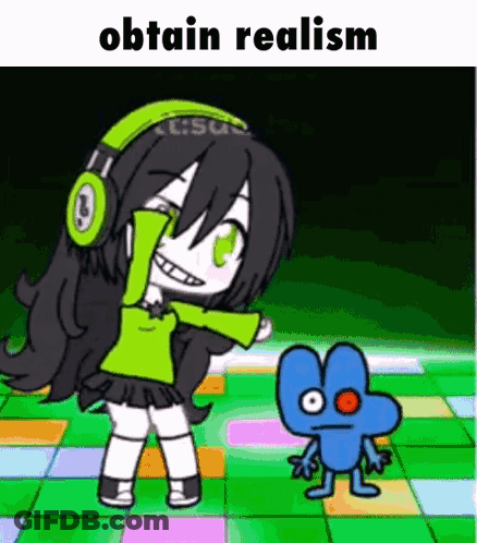 Cartoon Girl Dancing With Headphones Next To Blue Four GIF