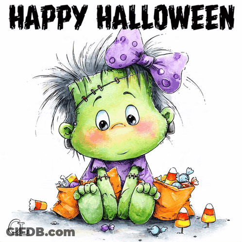 Cartoon Girl Dressed As Frankenstein Saying Happy Halloween GIF