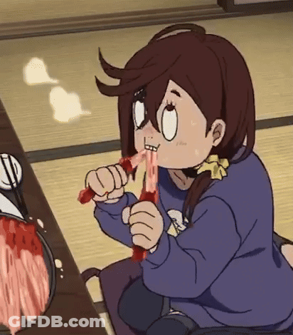 Cartoon Girl Eating Meat At Table GIF