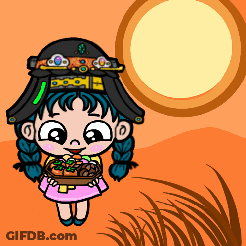 Cartoon Girl Holding Basket Of Food With Sun GIF