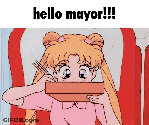 Cartoon Girl Holding Box Saying Hello Mayor GIF