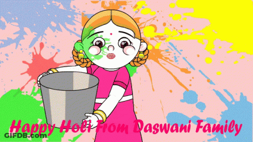 Cartoon Girl Holding Bucket Happy Holi From Daswani Family GIF
