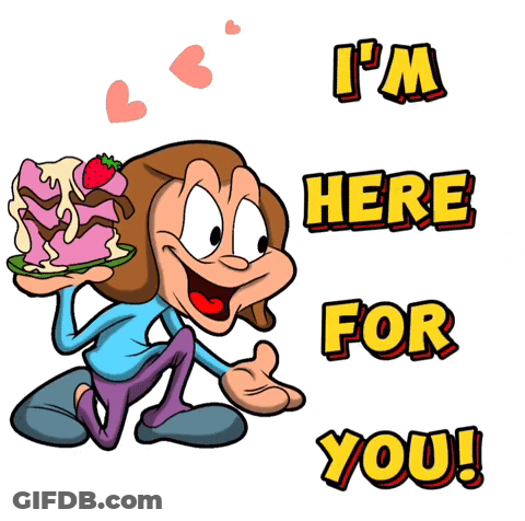 Cartoon Girl Holding Cake Saying I'm Here For You GIF
