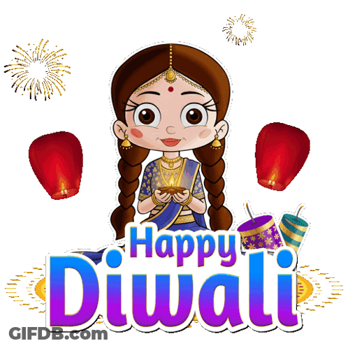 Cartoon Girl Holding Candle Happy Diwali GIF