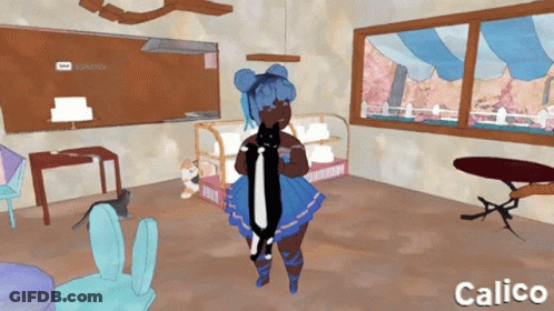 Cartoon Girl Holding Cat With Name Calico Below Her GIF