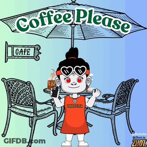 Cartoon Girl Holding Cell Phone In Front Of Cafe Sign GIF