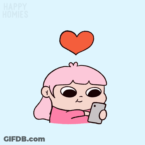 Cartoon Girl Holding Cell Phone With Heart Above Head Happy Homies GIF