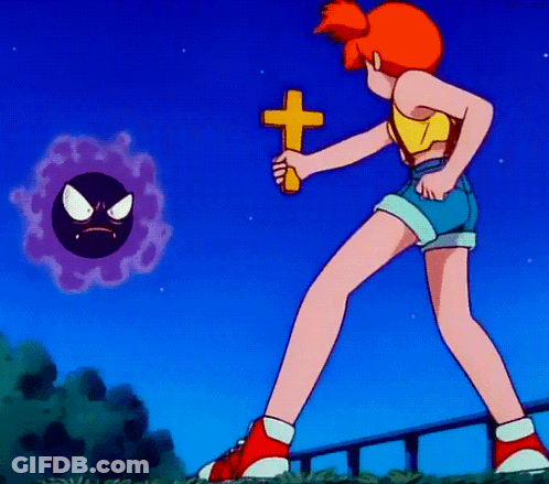 Cartoon Girl Holding Cross Beside Purple Pokémon GIF