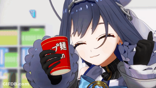 Cartoon Girl Holding Cup Of Noodles With Chinese Writing GIF