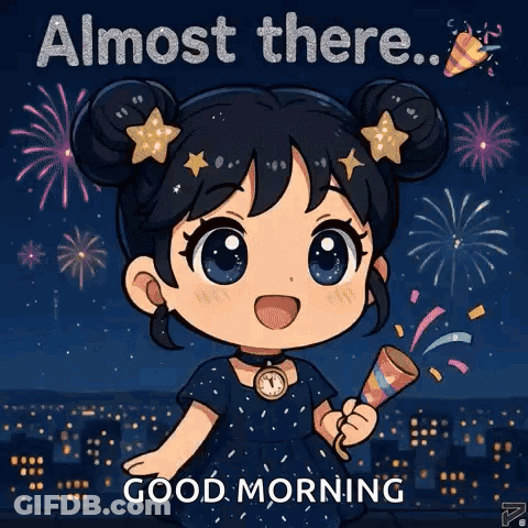 Cartoon Girl Holding Fireworks Almost There Good Morning GIF
