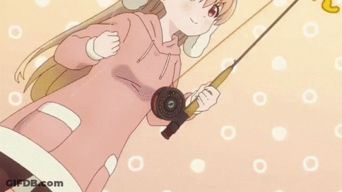 Cartoon Girl Holding Fishing Rod In Front Of Sign Saying O GIF
