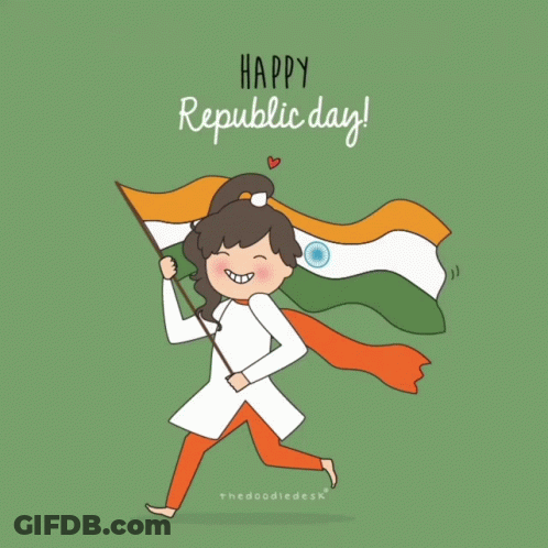 Cartoon Girl Holding Flag Saying Happy Republic Day GIF