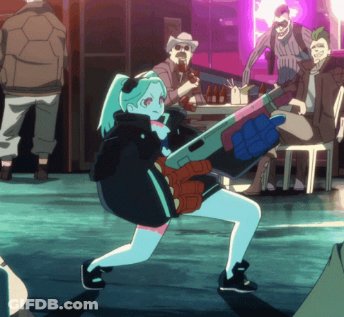 Cartoon Girl Holding Gun In Front Of Crowd GIF