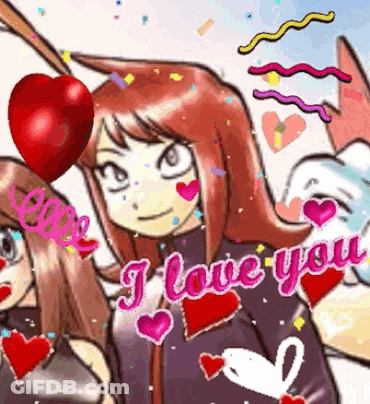 Cartoon Girl Holding Heart Balloon Says I Love You GIF