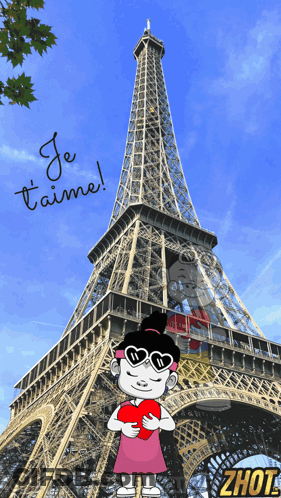 Cartoon Girl Holding Heart In Front Of Eiffel Tower Je T'aime GIF