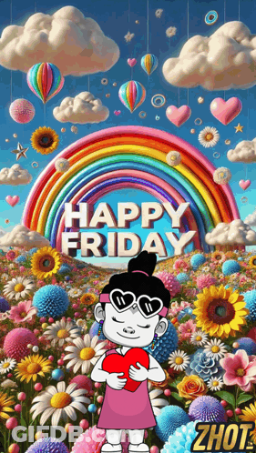 Cartoon Girl Holding Heart Rainbow Flowers Happy Friday GIF