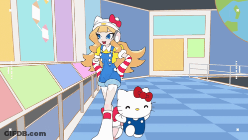 Cartoon Girl Holding Hello Kitty In Room GIF