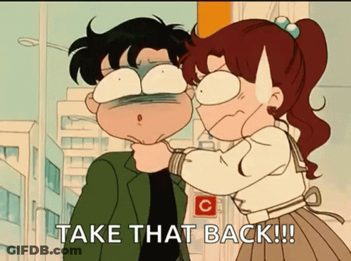 Cartoon Girl Holding Man's Neck Saying Take That Back GIF