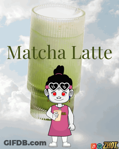Cartoon Girl Holding Matcha Latte GIF