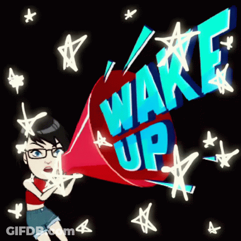 Cartoon Girl Holding Megaphone Saying Wake Up GIF