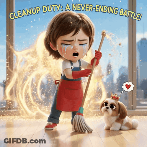 Cartoon Girl Holding Mop Crying Cleanup Duty A Never Ending Battle GIF