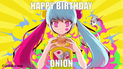 Cartoon Girl Holding Onion Saying Happy Birthday Onion GIF