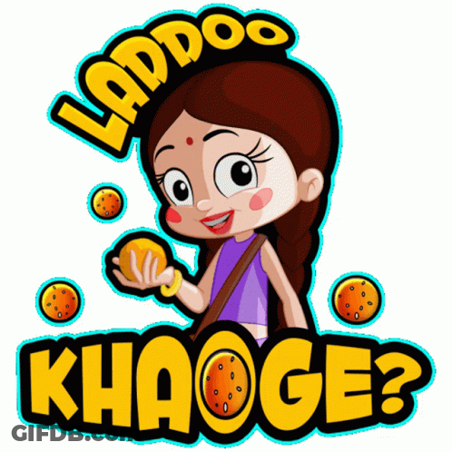 Cartoon Girl Holding Orange Saying Laddoo Khaoga GIF