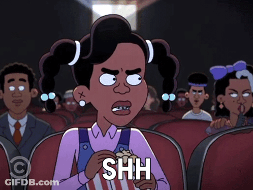 Cartoon Girl Holding Popcorn Saying Shh GIF