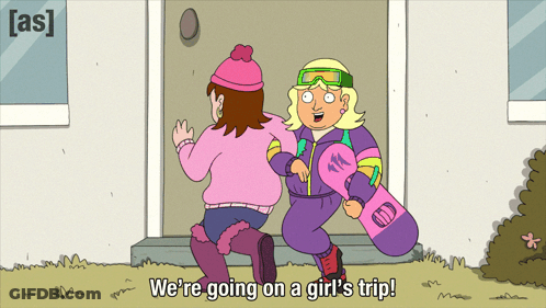 Cartoon Girl Holding Snowboard Saying Girls Trip GIF