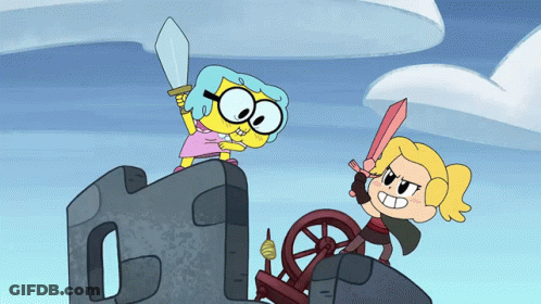 Cartoon Girl Holding Sword Next To Another Girl Holding Sword GIF