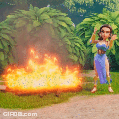 Cartoon Girl In Blue Dress In Front Of Fire GIF