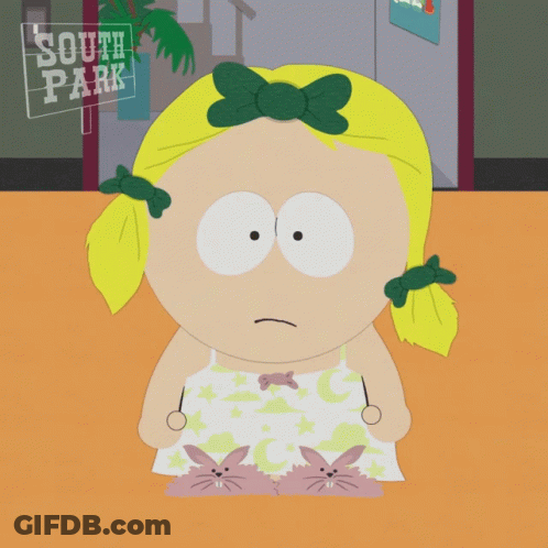 Cartoon Girl In Bunny Slippers Sitting At South Park Sign GIF