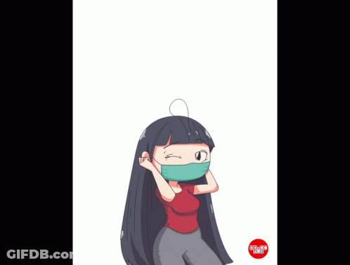 Cartoon Girl In Face Mask With Virus Coming Out Of Head GIF