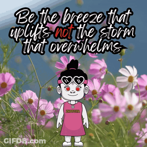 Cartoon Girl In Flower Field Saying Be The Breeze That Uplifts GIF