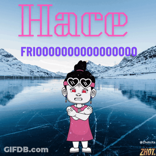 Cartoon Girl In Front Of Frozen Lake With Hace GIF