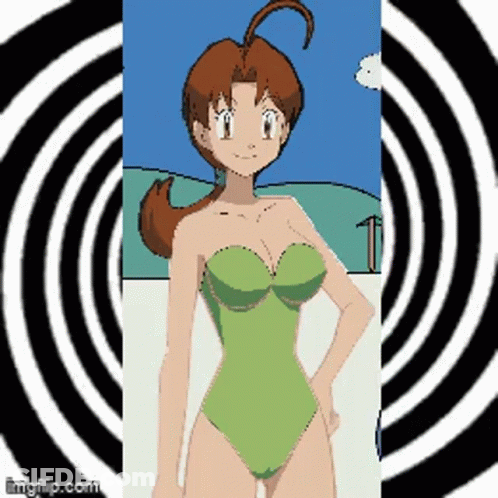 Cartoon Girl In Green Swimsuit In Front Of Optical Illusion GIF