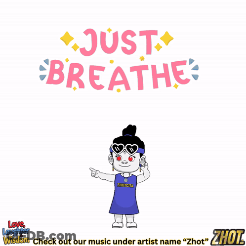 Cartoon Girl In Headphones And Red Dress Saying Just Breathe GIF
