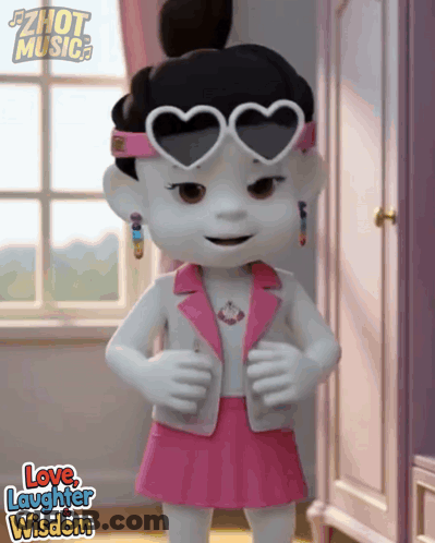 Cartoon Girl In Heart Sunglasses And Pink Skirt Saying Love Laughter Wisdom GIF